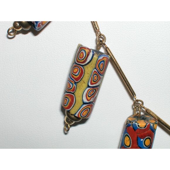 Vintage Millefiori Glass Bead Necklace With Gold-Tone Bar Links & Spring Ring - Picture 4 of 6